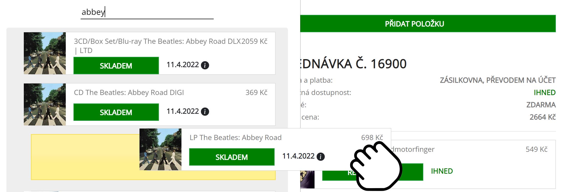Tétel hozzáadása a megrendeléshez