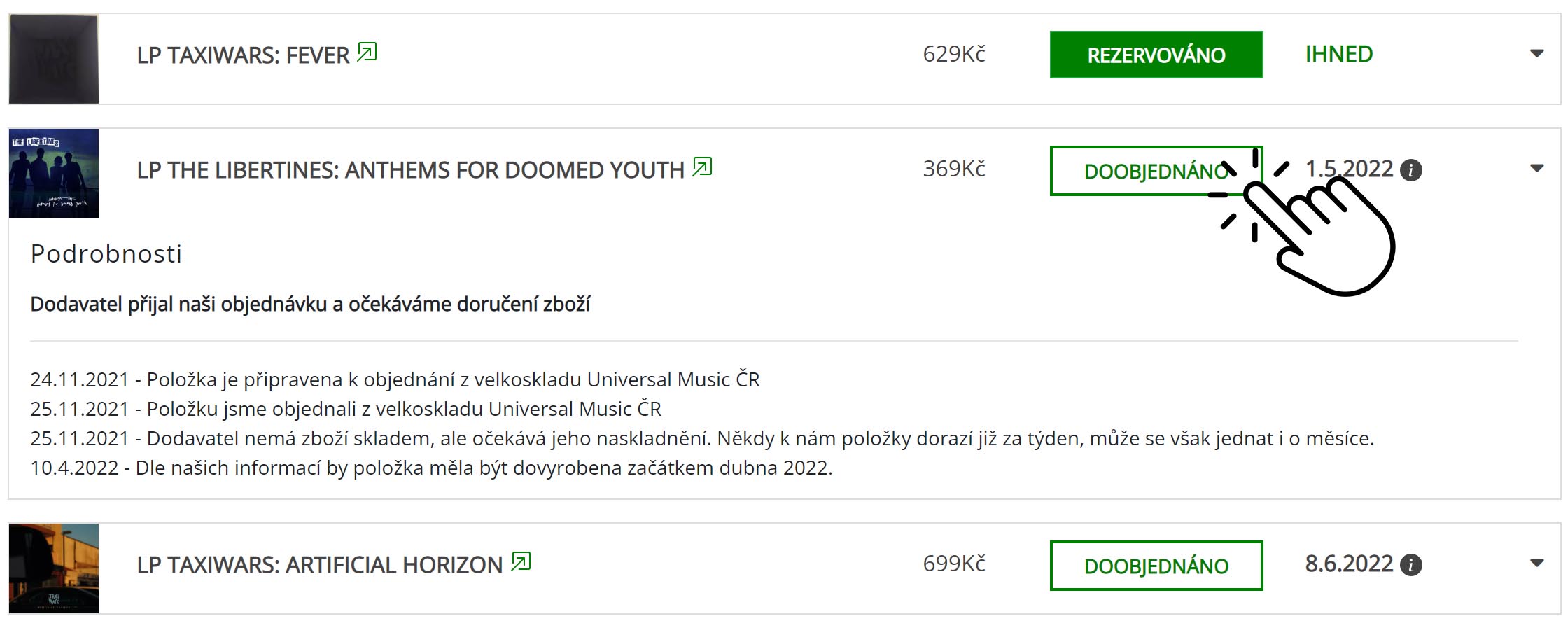 Az útólag megrendelt tételek állapota