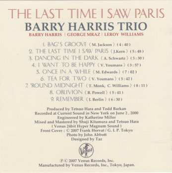 CD Barry Harris Trio: 思い出のパリ (The Last Time I Saw Paris)