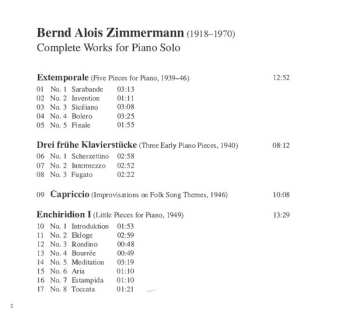 CD Bernd Alois Zimmermann: Complete Works For Piano Solo