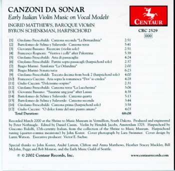 CD Byron Schenkman: Canzoni Da Sonar: Early Italian Violin Music On Vocal Models