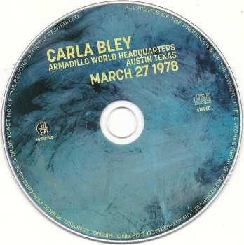 CD Carla Bley: Armadillo World Headquarters Austin Texas March 27 1978