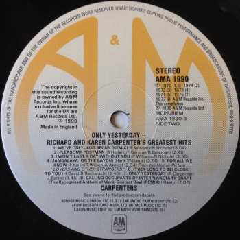 LP Carpenters: Only Yesterday - Richard & Karen Carpenter's Greatest Hits
