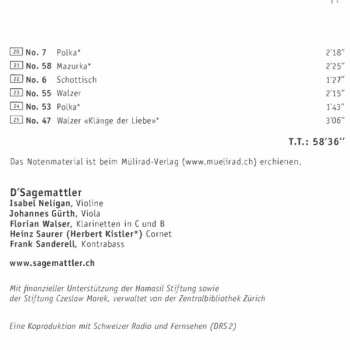 CD D'Sagemattler: Bauernmusik Unterägeri 1887