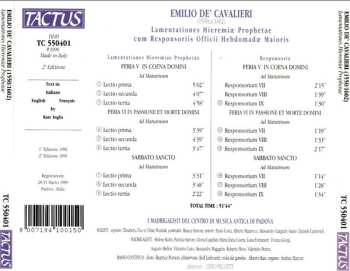 CD Emilio De' Cavalieri: Lamentationes Hieremiae Prophetae Cum Reponsoriis Officii Hebdomadae Maioris