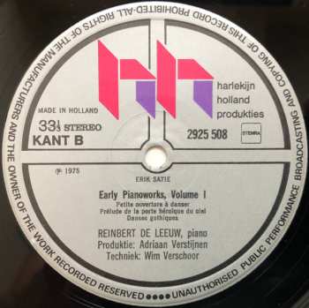 LP Erik Satie: Early Piano Works, Volume One