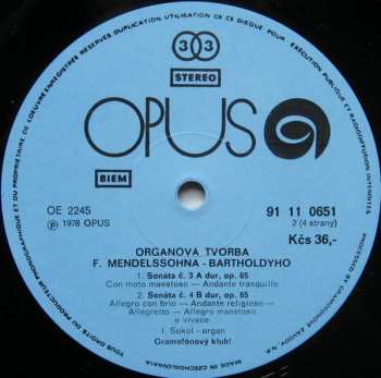 2LP Felix Mendelssohn-Bartholdy: Organová Tvorba - Werke Für Orgel (2xLP)