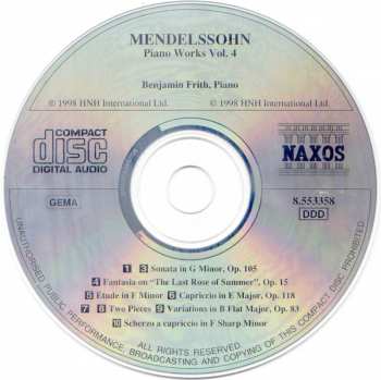 CD Felix Mendelssohn-Bartholdy: Piano Works Vol 4. - Sonata In G Minor, Op.105 / Fantasia On "The Last Rose Of Summer", Op.15 / Variations In B Flat Major