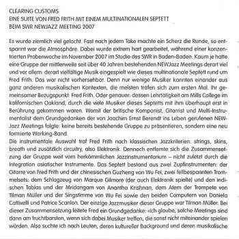 CD Fred Frith: Clearing Customs