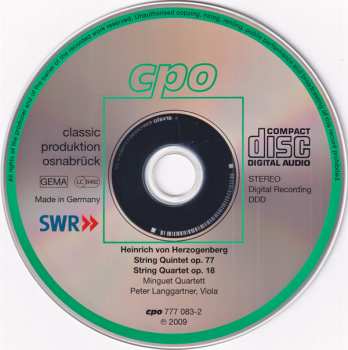 CD Heinrich Von Herzogenberg: String Quintet Op. 77, String Quartet Op. 18