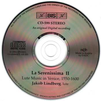 CD Jakob Lindberg: La Serenissima II (Lute Music In Venice 1550-1600)