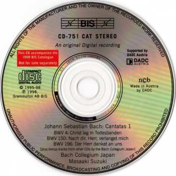 CD Johann Sebastian Bach: Cantatas  1: BWV 4 Christ Lag In Todesbanden; BWV 150 Nach Dir, Herr, Verlanget Mich; BWV 196 Der Herr Denket An Uns