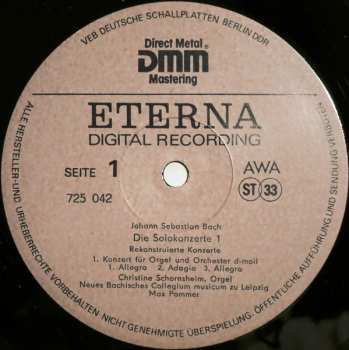 LP Johann Sebastian Bach: Die Solokonzerte 1, Rekonstruierte Konzerte Für Orgel Und Orchester D-moll
