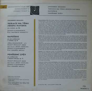 LP Johannes Brahms: Haydnovské variace, Altová rapsódie, Pohřební zpěv