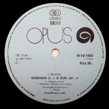 LP Johannes Brahms: Serenade No.1 In D Major, Op. 11