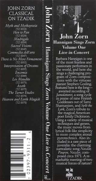 CD John Zorn: Hannigan Sings Zorn Volume One Live In Concert