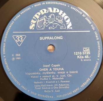 LP Josef Čapek: Oheň A Touha (Vzpomínky A Myšlenky, Eseje A Básně)