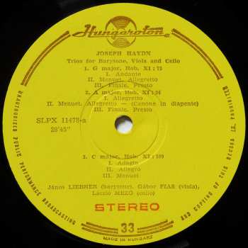 LP Joseph Haydn: Five Trios For Barytone, Viola And Cello