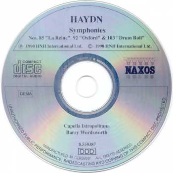 CD Joseph Haydn: Symphonies (No. 85 "La Reine" / No. 92 "Oxford" / No. 103 "Drum Roll")