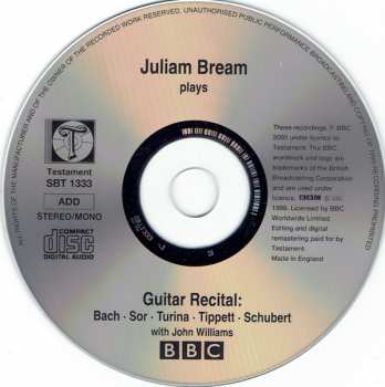 CD Julian Bream: Julian Bream—Guitar Recital:  Bach, Sor, Turina, Tippett, Schubert With John Williams