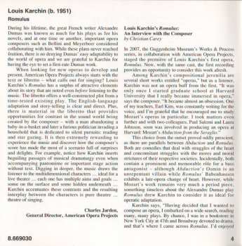 CD Louis Karchin: Romulus, A Comic Opera In One Act