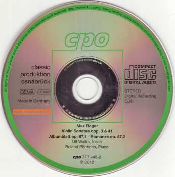 CD Max Reger: Violin Sonatas Opp. 3 & 41 • Albumblatt • Romanze