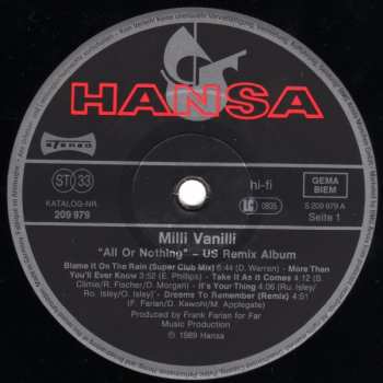 LP Milli Vanilli: All Or Nothing - The U.S.-Remix Album