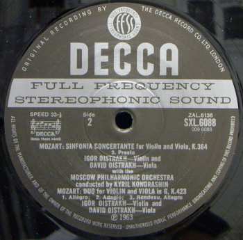 LP Wolfgang Amadeus Mozart: Sinfonia Concertante K.364 / Duo In G K.423