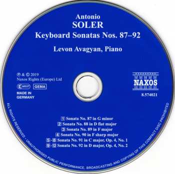 CD Padre Antonio Soler: Keyboard Sonatas No. 87-92