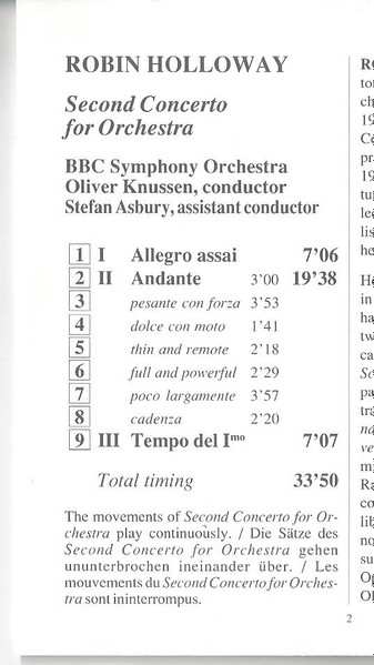 CD Robin Holloway: Second Concerto For Orchestra