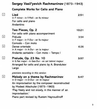 CD Sergei Vasilyevich Rachmaninoff: Complete Works For Cello and Piano