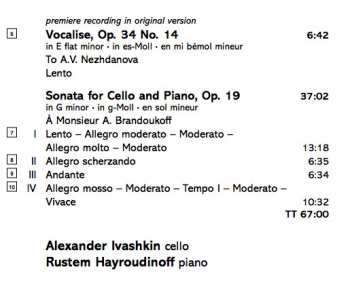 CD Sergei Vasilyevich Rachmaninoff: Complete Works For Cello and Piano
