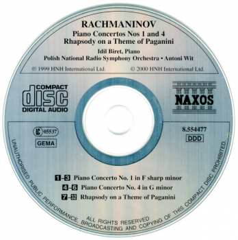 CD Sergei Vasilyevich Rachmaninoff: Piano Concertos Nos 1 And 4, Rhapsody On A Theme Of Paganini