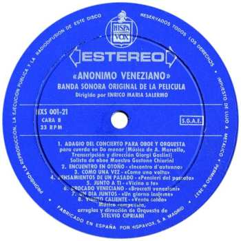 LP Stelvio Cipriani: Anonimo Veneziano - Banda Sonora Original De La Pelicula