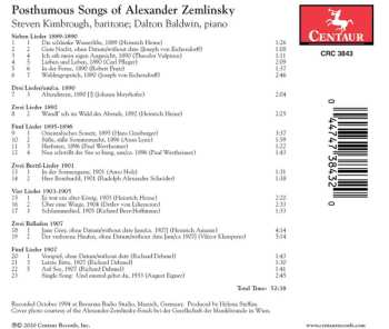 CD Dalton Baldwin: Posthumous Songs Of Alexander Zemlinsky