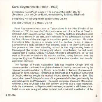 CD Karol Szymanowski: Symphony No. 3 "Song Of The Night" / Symphony No. 4 "Symphonie Concertante" / Concert Overture