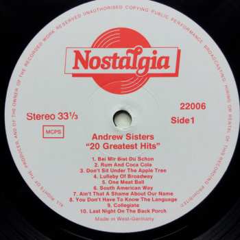 LP The Andrews Sisters: 20 Greatest Hits