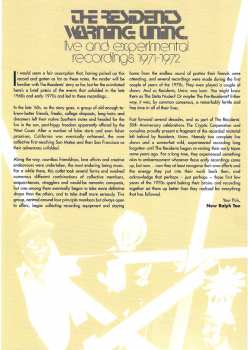 2LP The Residents: Warning: Uninc. (Live And Experimental Recordings 1971-1972)
