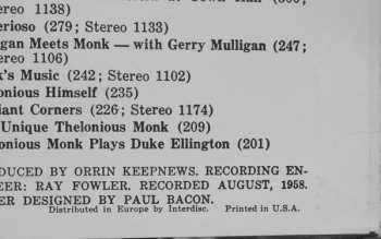 LP The Thelonious Monk Quartet: Thelonious In Action CLR