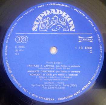 LP Vilém Blodek: Fantazie A Caprice / Andante Cantabile / Koncert Pro Flétnu A Orchestr / Hudba K Shakespearovi