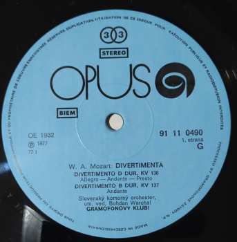 LP Wolfgang Amadeus Mozart: Divertimenti: D Major Kv 136 / B Flat Major Kv 137 / F Major Kv 138