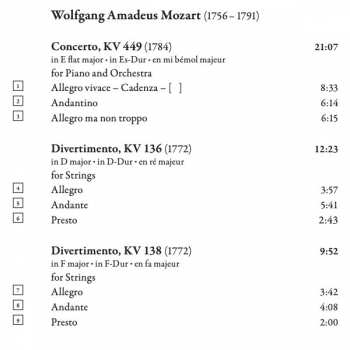 CD Wolfgang Amadeus Mozart: Piano Concerto In E Flat Major, KV 449; Piano Concerto In F Major, KV 459; Divertimento In D Major, KV 136; Divertimento In F Major, KV 138