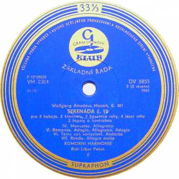 LP Wolfgang Amadeus Mozart: Serenáda B-Dur Pro 12 Dechových Nástrojů A Kontrabas